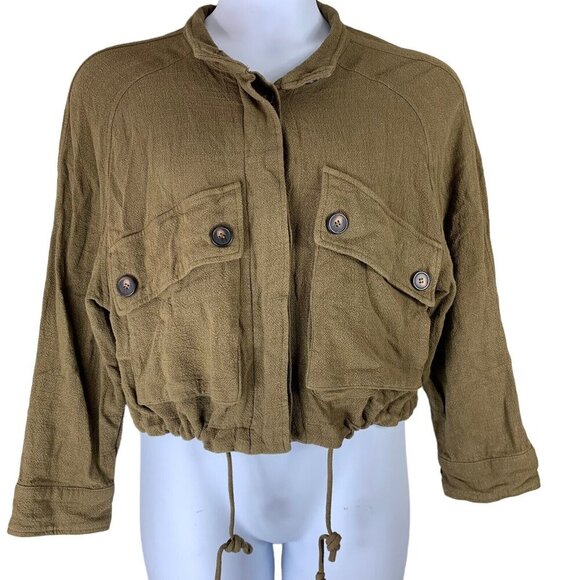 Forever Audrey Sz Large Jacket Top Cropped Cinch Bottom Green Brown Linen Blend - Picture 1 of 5